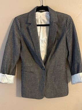 Express Black Pinstripe Blazer with White Polka Dot Lining